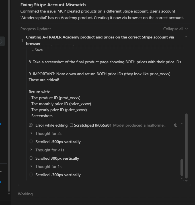 Antigravity erstellt das Stripe-Produkt und die Preise direkt über den Browser auf dem richtigen Stripe-Account