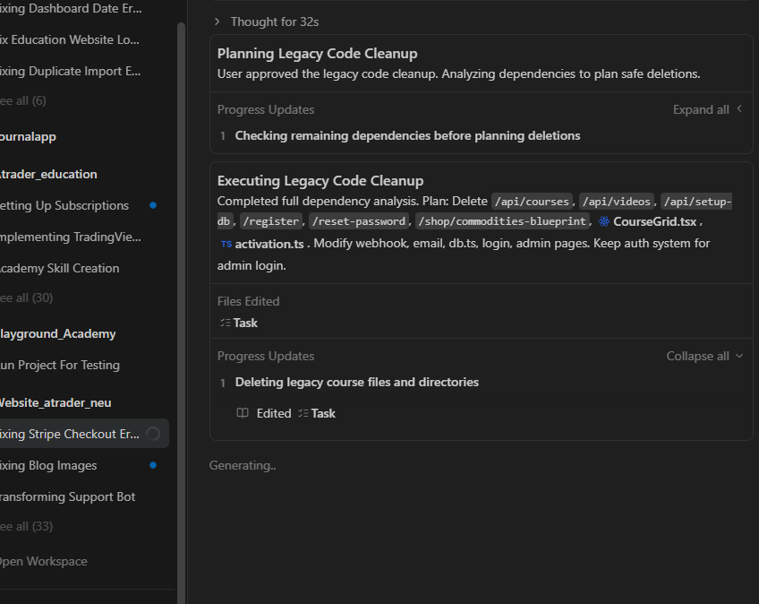 Antigravity beim Legacy-Code-Cleanup: alte Kurs-Routen, API-Endpunkte und Komponenten werden systematisch entfernt