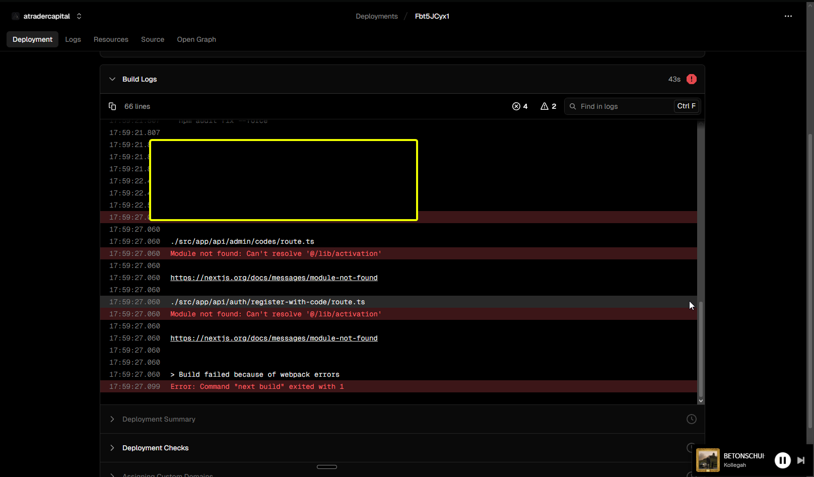 Vercel Build Log mit mehreren Fehlern: Module not found nach dem Code-Cleanup