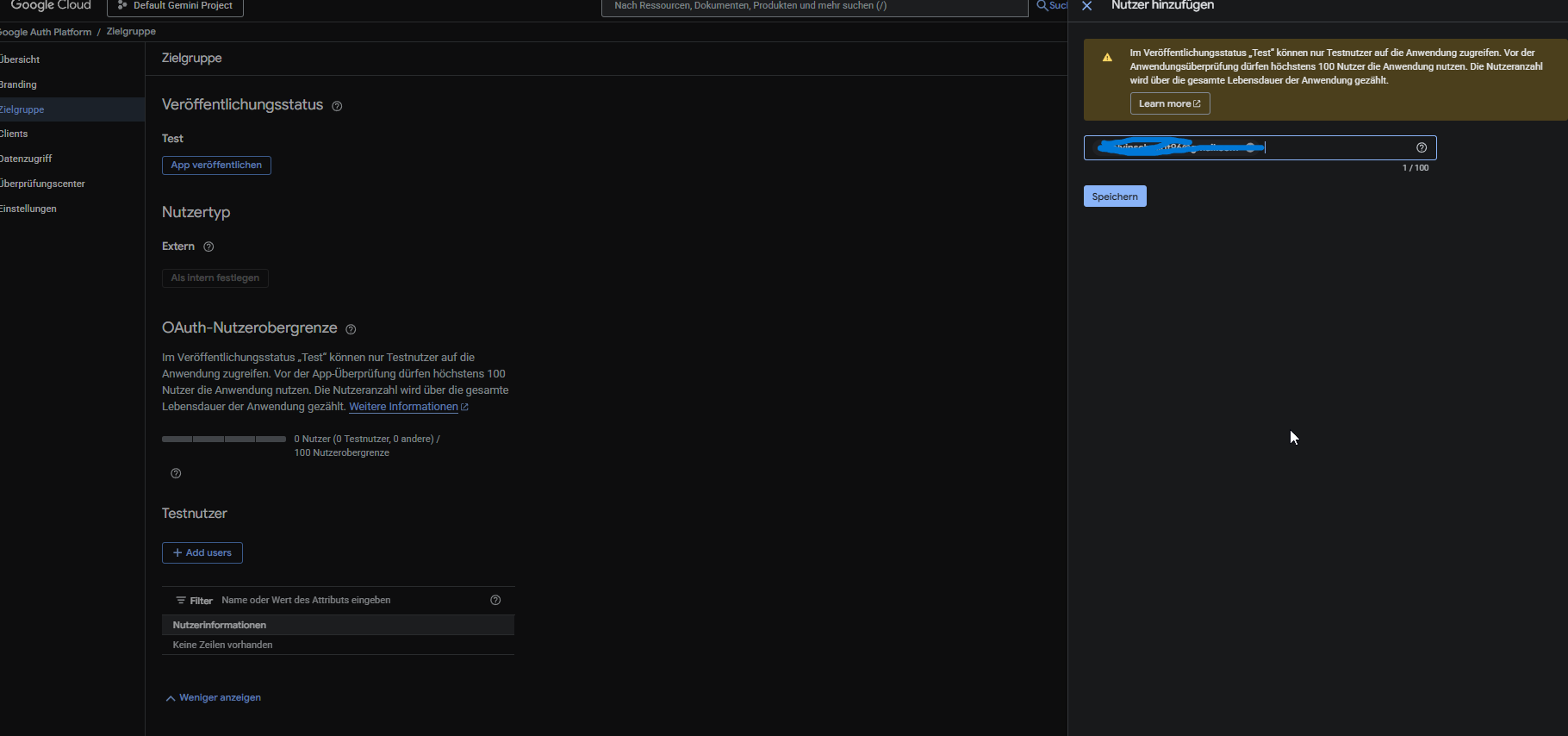 Google Cloud OAuth-Konfiguration im Teststatus, mit meiner E-Mail auf der Whitelist für die lokale Verifizierung