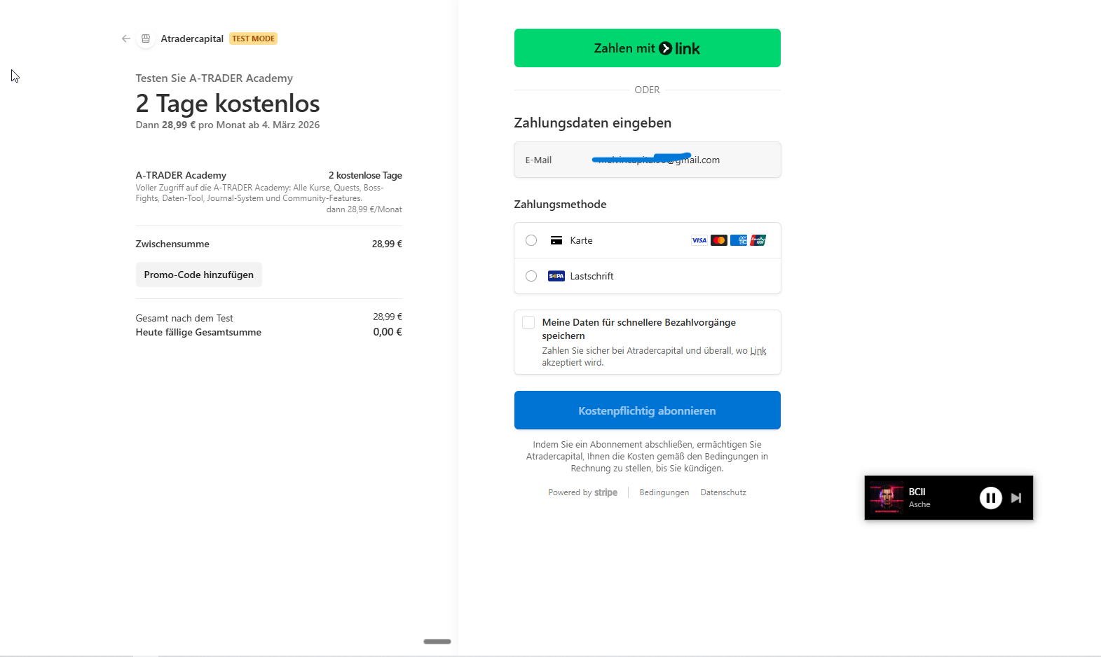 Die fertige Stripe-Checkout-Seite für die A-TRADER Academy im Testmodus