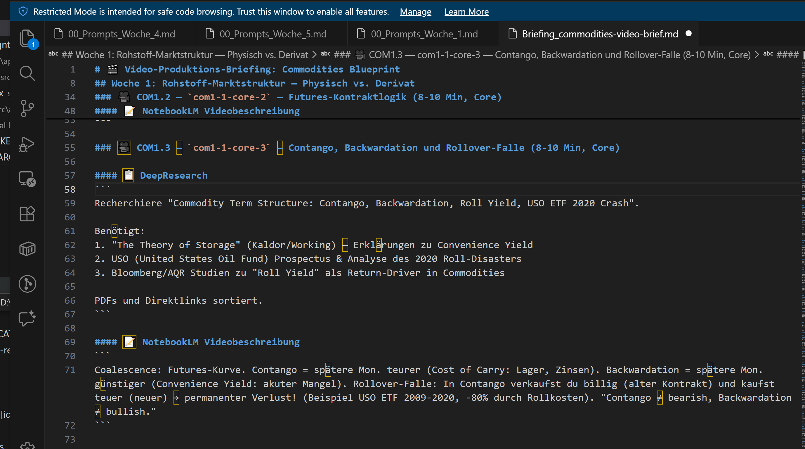 Das Video-Produktions-Briefing für den Commodities Blueprint, pro Video wird exakt festgelegt, welche Quellen und welcher Research genutzt werden