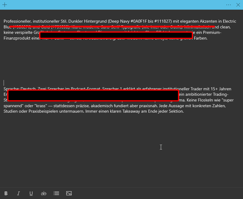 Der visuelle Style-Prompt, definiert Farbwelt (Deep Navy, Electric Blue, Gold), Typografie, Tonalität und das gesamte Look-and-Feel der Videos