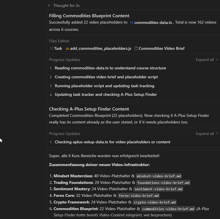 Antigravity hat die 6 Kursbereiche durchgearbeitet und die 162 Videos Platzhalter mit den richtigen Quellen verifiziert