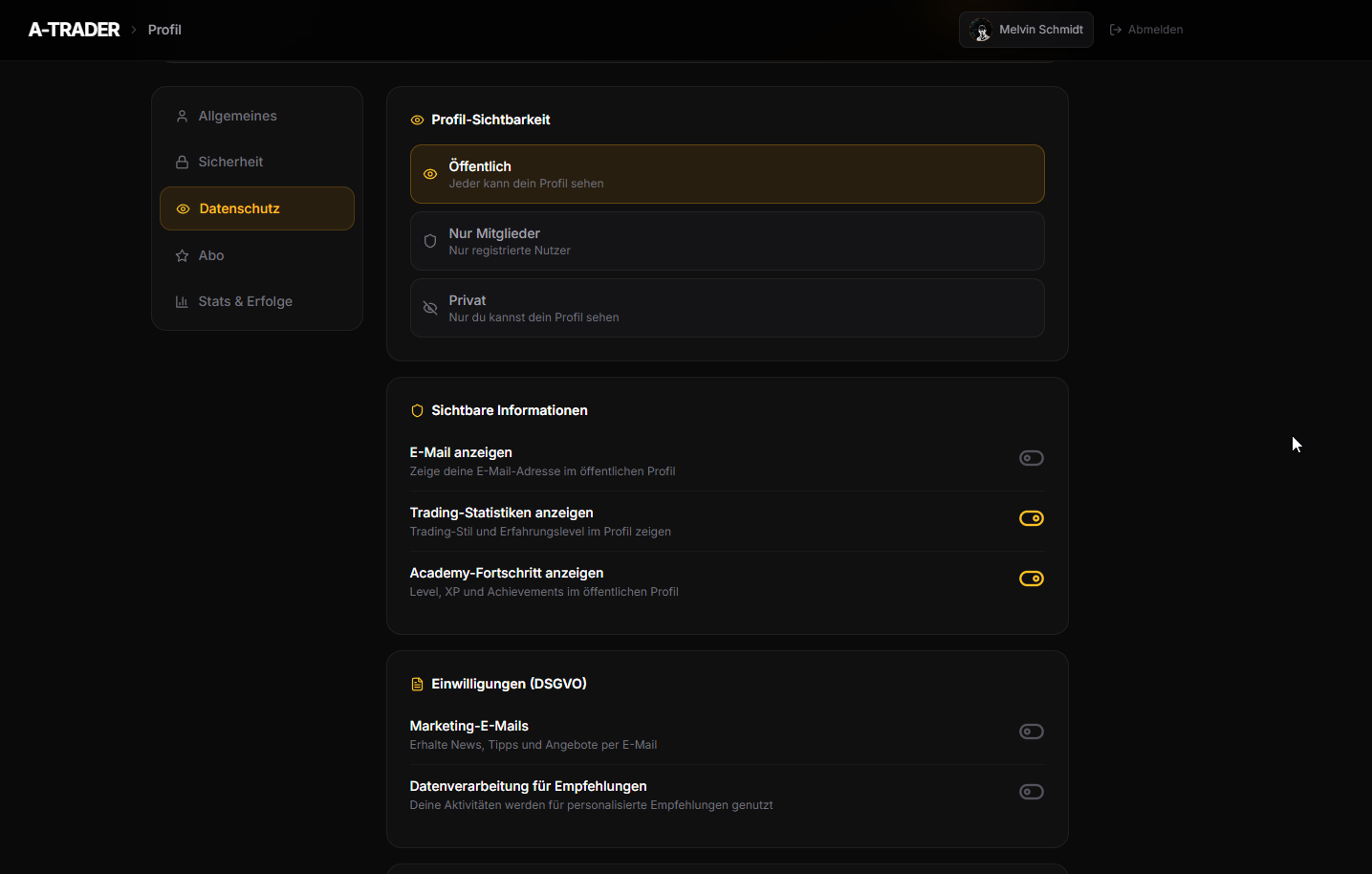 Datenschutz-Einstellungen auf der Plattform: Profil-Sichtbarkeit, DSGVO-Einwilligungen und Sicherheitsoptionen