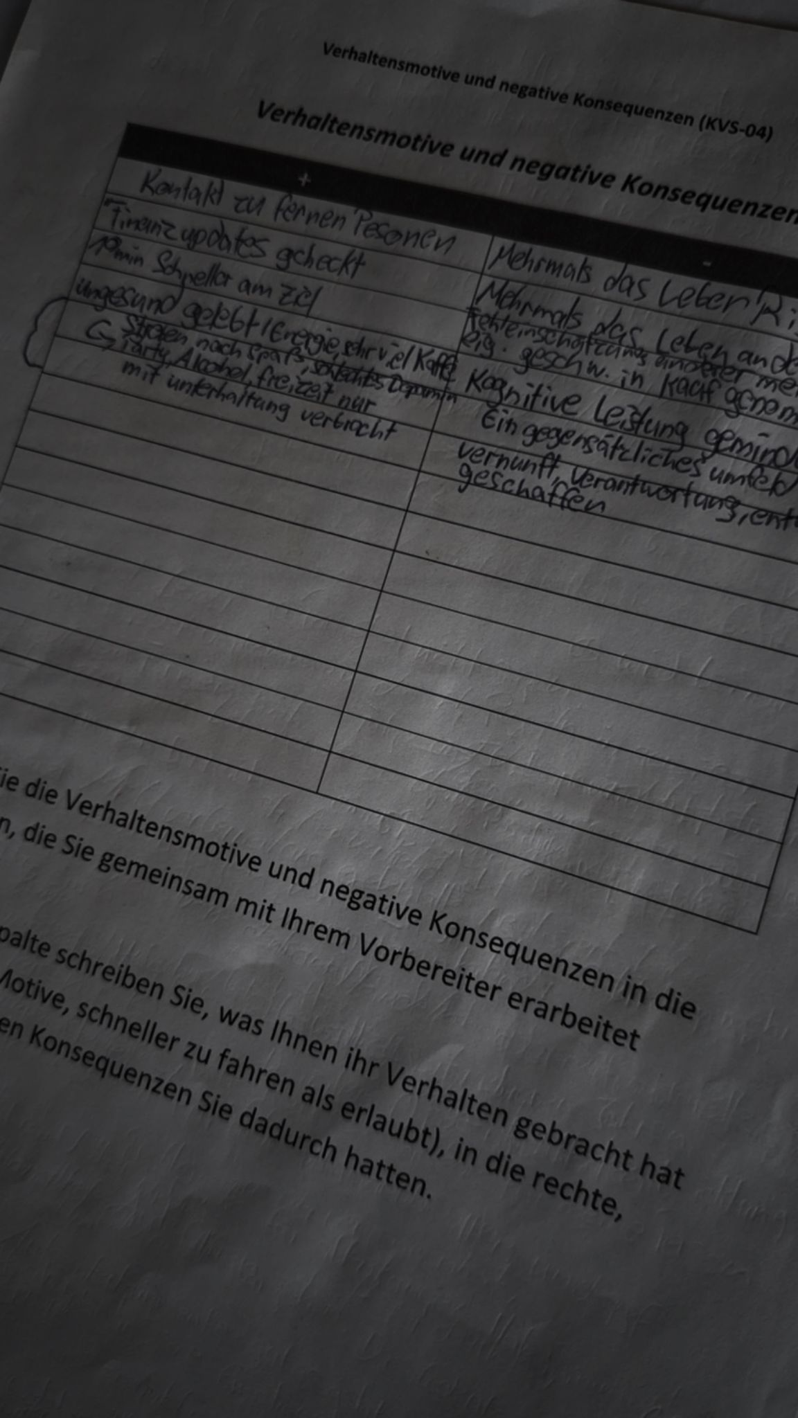 MPU-Vorbereitungsunterlagen: Verhaltensmotive und negative Konsequenzen