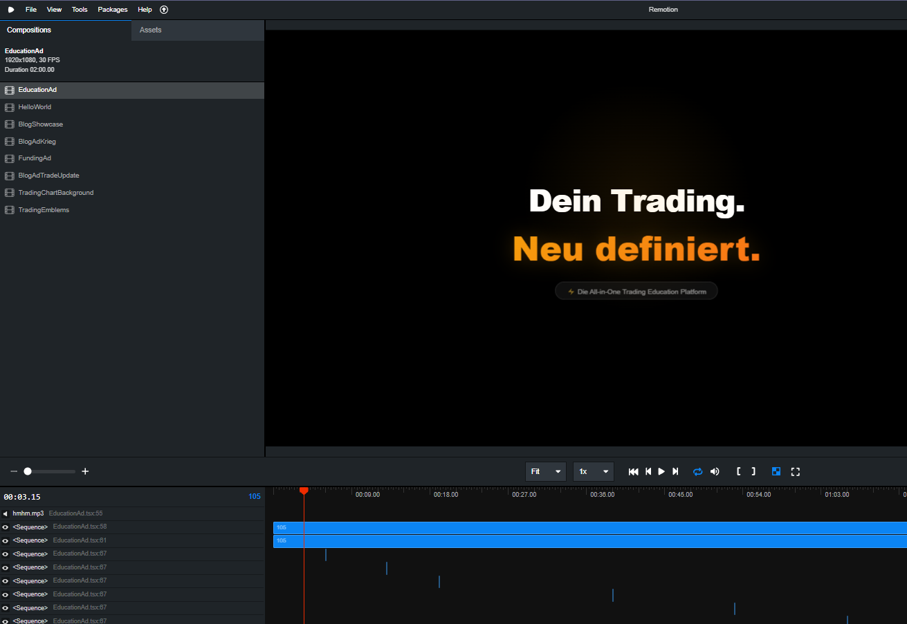 Remotion Studio mit EducationAd Komposition und Timeline